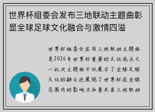 世界杯组委会发布三地联动主题曲彰显全球足球文化融合与激情四溢